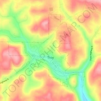 Topografische kaart Troy, hoogte, reliëf