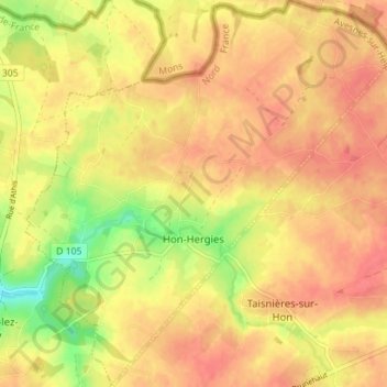 Topografische kaart Hon-Hergies, hoogte, reliëf