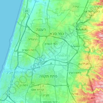 Topografische kaart Drom HaSharon Regional Council, hoogte, reliëf