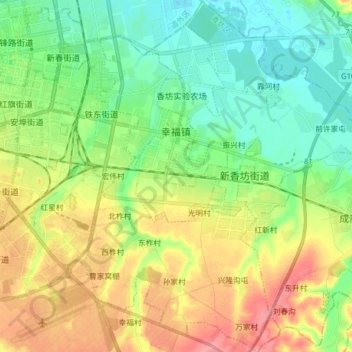 Topografische kaart 幸福镇, hoogte, reliëf