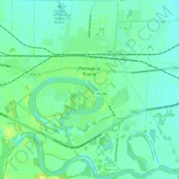 Topografische kaart Portage la Prairie, hoogte, reliëf