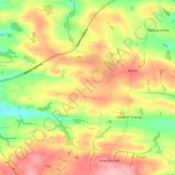 Topografische kaart Horwood, Lovacott and Newton Tracey, hoogte, reliëf