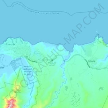 Topografische kaart Kalihiwai, hoogte, reliëf