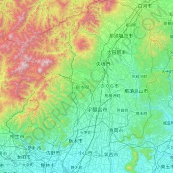 Topografische kaart 栃木県, hoogte, reliëf
