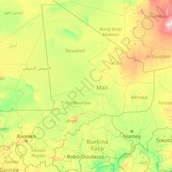 Topografische kaart Mali, hoogte, reliëf