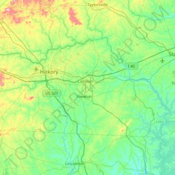 Topografische kaart Catawba County, hoogte, reliëf