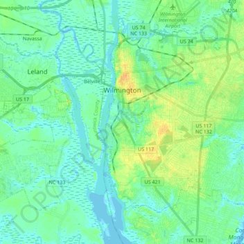 Topografische kaart Wilmington, hoogte, reliëf