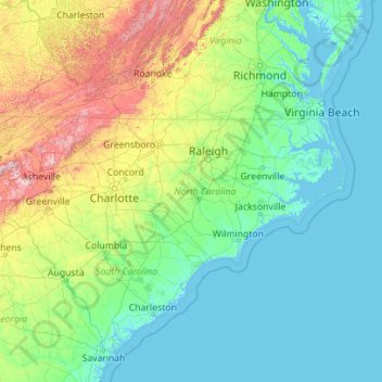 Topografische kaart North Carolina, hoogte, reliëf