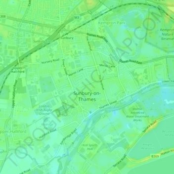 Topografische kaart Sunbury-on-Thames, hoogte, reliëf