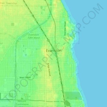 Topografische kaart Evanston, hoogte, reliëf