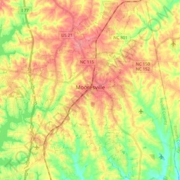 Topografische kaart Mooresville, hoogte, reliëf