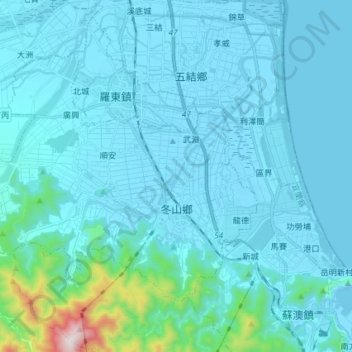 Topografische kaart 冬山鄉, hoogte, reliëf
