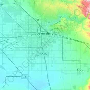 Topografische kaart Bakersfield, hoogte, reliëf