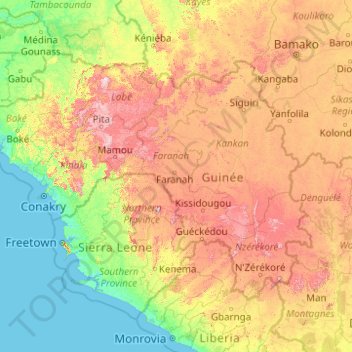 Topografische kaart Guinee, hoogte, reliëf