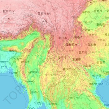 Topografische kaart 怒江, hoogte, reliëf
