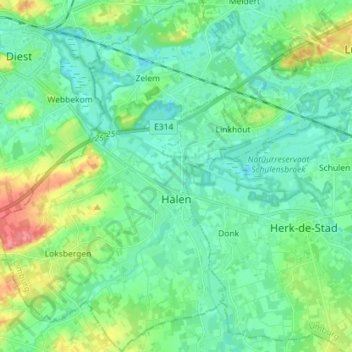 Topografische kaart Halen, hoogte, reliëf