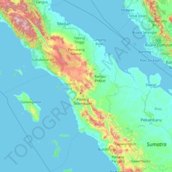 Topografische kaart Noord-Sumatra, hoogte, reliëf