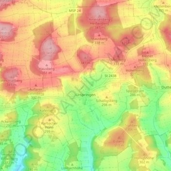 Topografische kaart Urspringen, hoogte, reliëf