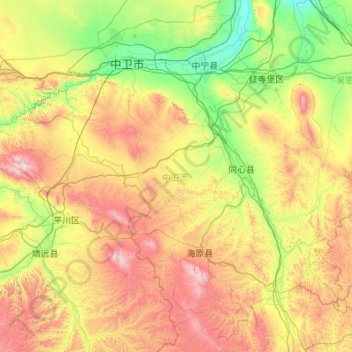 Topografische kaart 中卫市, hoogte, reliëf