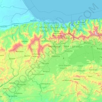 Topografische kaart Estado Carabobo, hoogte, reliëf