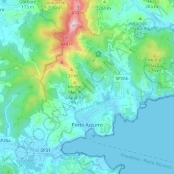 Topografische kaart Porto Azzurro, hoogte, reliëf