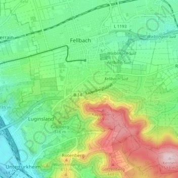 Topografische kaart Fellbach, hoogte, reliëf