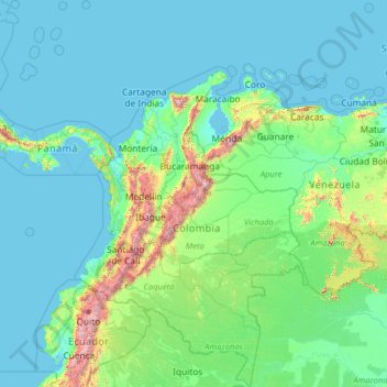 Topografische kaart Colombia, hoogte, reliëf