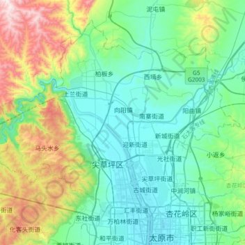 Topografische kaart 尖草坪区, hoogte, reliëf