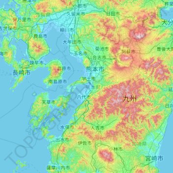 Topografische kaart 熊本県, hoogte, reliëf
