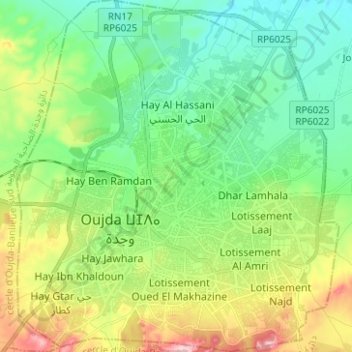 Topografische kaart Oujda ⵡⴻⵊⴷⴰ وجدة‎, hoogte, reliëf