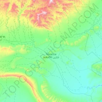 Topografische kaart Tazzarine ⵜⴰⵣⴰⵔⵉⵏ تازارين, hoogte, reliëf