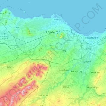 Topografische kaart Edinburgh, hoogte, reliëf