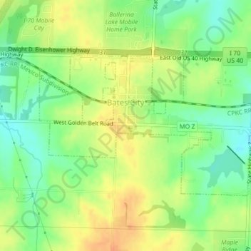 Topografische kaart Bates City, hoogte, reliëf