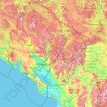 Topografische kaart Montenegro, hoogte, reliëf