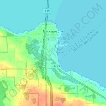 Topografische kaart Mackinaw City, hoogte, reliëf