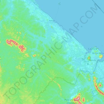 Topografische kaart Kourou, hoogte, reliëf