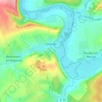 Topografische kaart Létanne, hoogte, reliëf
