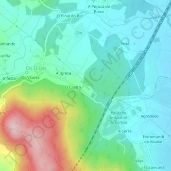 Topografische kaart Oín, hoogte, reliëf