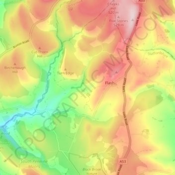Topografische kaart Quarnford, hoogte, reliëf