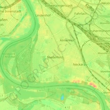 Topografische kaart Neckarau, hoogte, reliëf