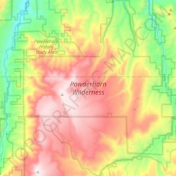Topografische kaart Powderhorn Wilderness Area, hoogte, reliëf