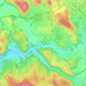 Topografische kaart Milhac, hoogte, reliëf