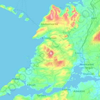 Topografische kaart West Clare Municipal District, hoogte, reliëf