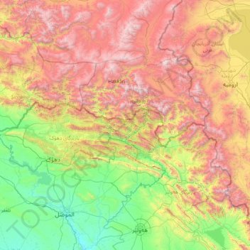 Topografische kaart Great Zab River, hoogte, reliëf