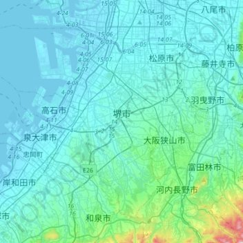 Topografische kaart 堺市, hoogte, reliëf