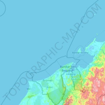 Topografische kaart Brunei, hoogte, reliëf