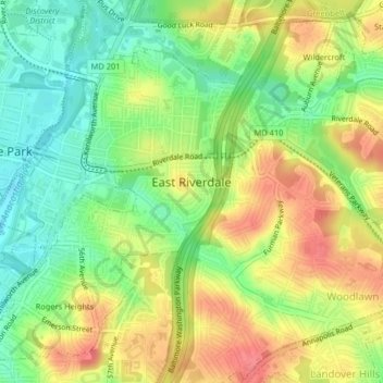 Topografische kaart East Riverdale, hoogte, reliëf