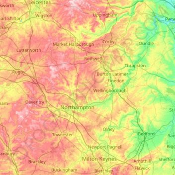 Topografische kaart Northamptonshire, hoogte, reliëf
