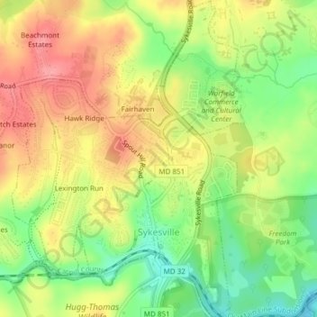 Topografische kaart Sykesville, hoogte, reliëf