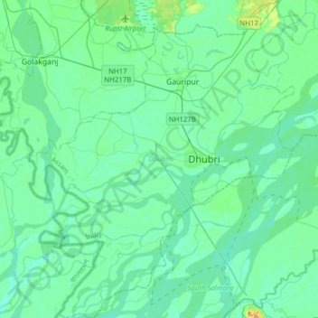 Topografische kaart Dhubri, hoogte, reliëf